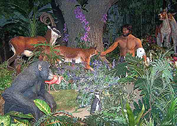 Adam with deer, an antelope, a lamb, a monkey, a penguin and a flamingo