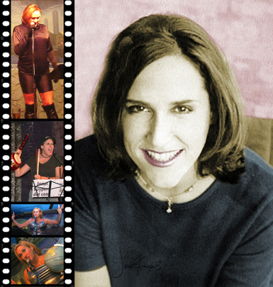 Janet in Logan Square in Chicago, next to a film strip of her appearances in different poetrry performance art shows